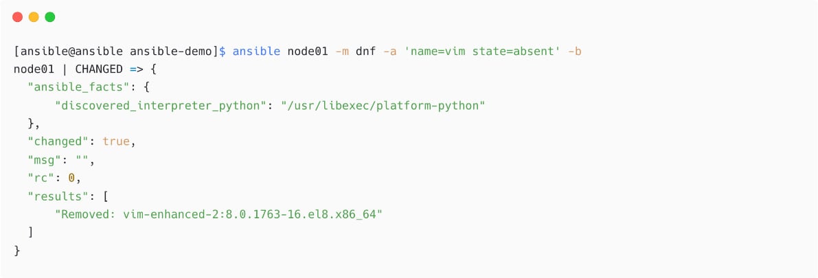 Figure 1.40 – Removing package using Ansible ad hoc command 
