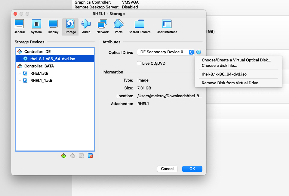 Figure 1.6 – Mounting RHEL DVD ISO that was downloaded previously