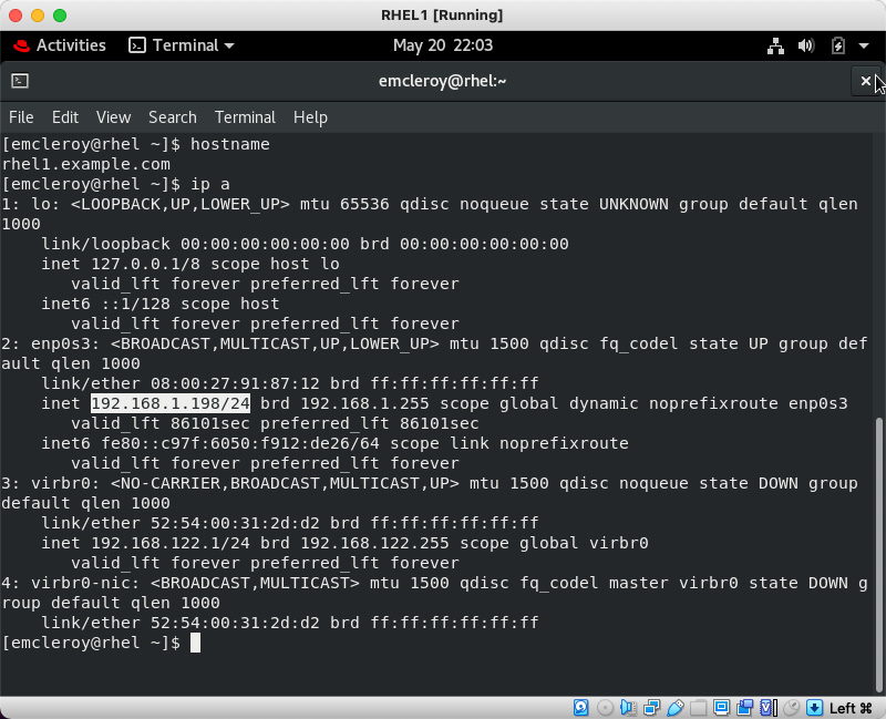 Figure 1.10 – Hostname and IP of rhel1.example.com system