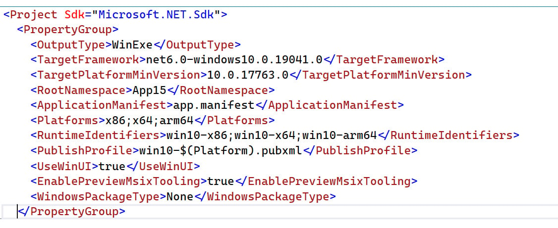 Figure 1.8 – A WinUI project configured to support the unpackaged model
