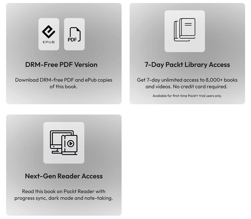 Screenshot of three promotional offers for digital book access, each in a gray box with icons and text. Offers include DRM-free PDF and ePub downloads, 7-day unlimited access to 8,000+ books and videos with no credit card required, and next-gen reader access featuring progress sync, dark mode, and note-taking.