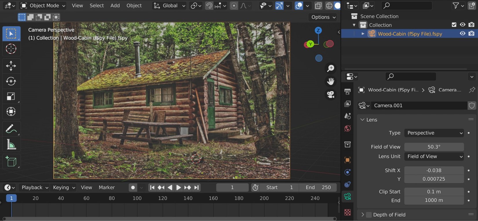 Figure 1.14 – Importing the wood cabin fSpy file into Blender