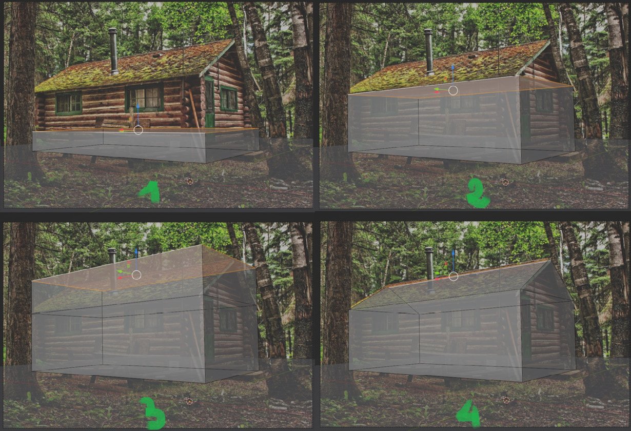 Figure 1.17 – Four steps to model the wood cabin in Blender