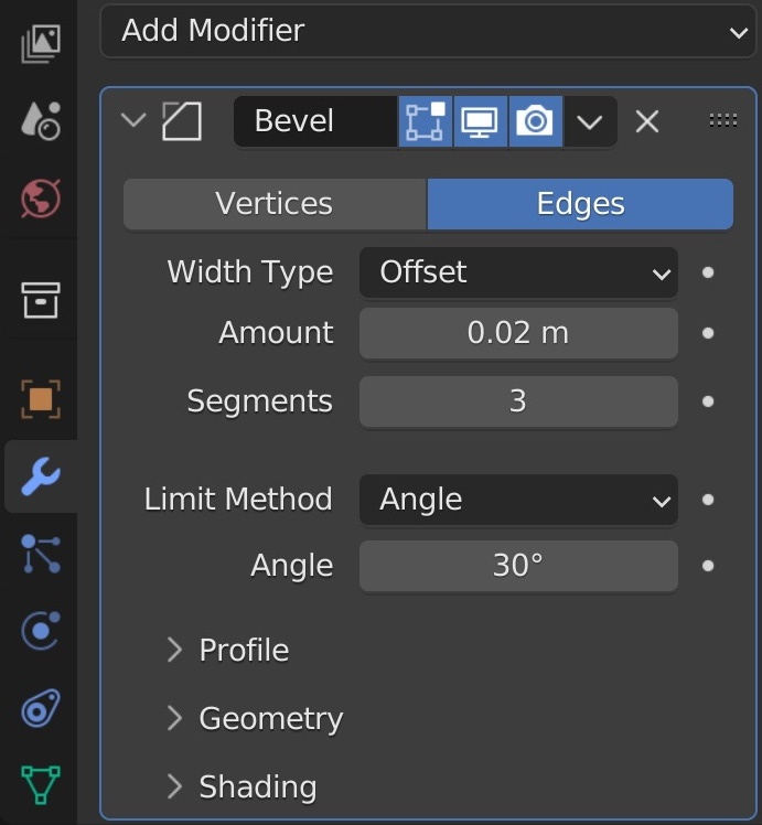 Figure 1.20 – Bevel modifier settings in Blender