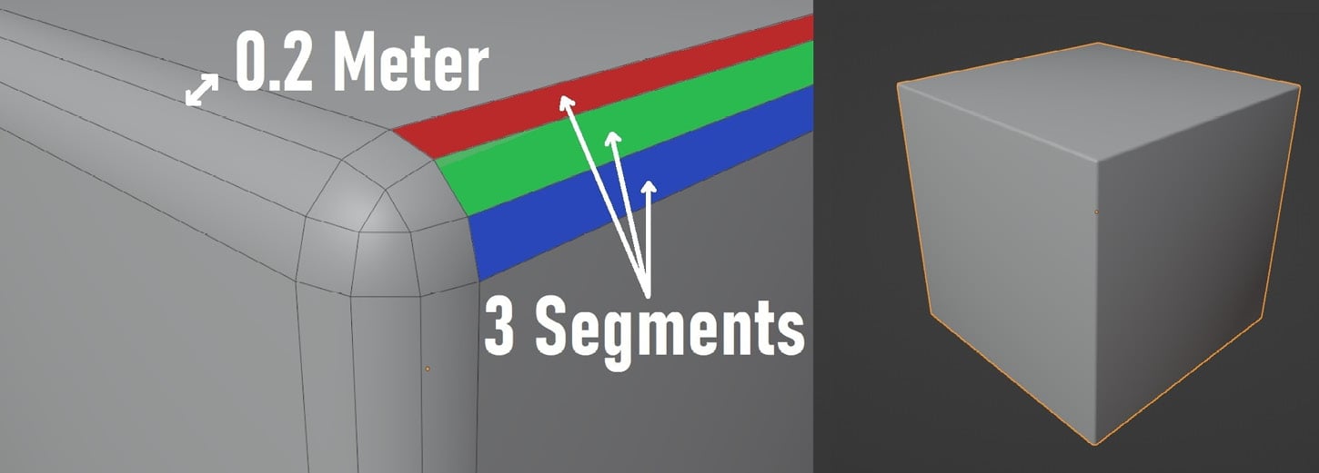 Figure 1.21 – Three cubes demonstrating the ﻿Amount, Segments, and Smooth﻿ bevel settings