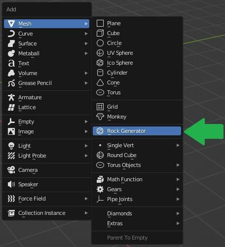 Figure 10.3 – Adding the Rock Generator in the 3D Viewport