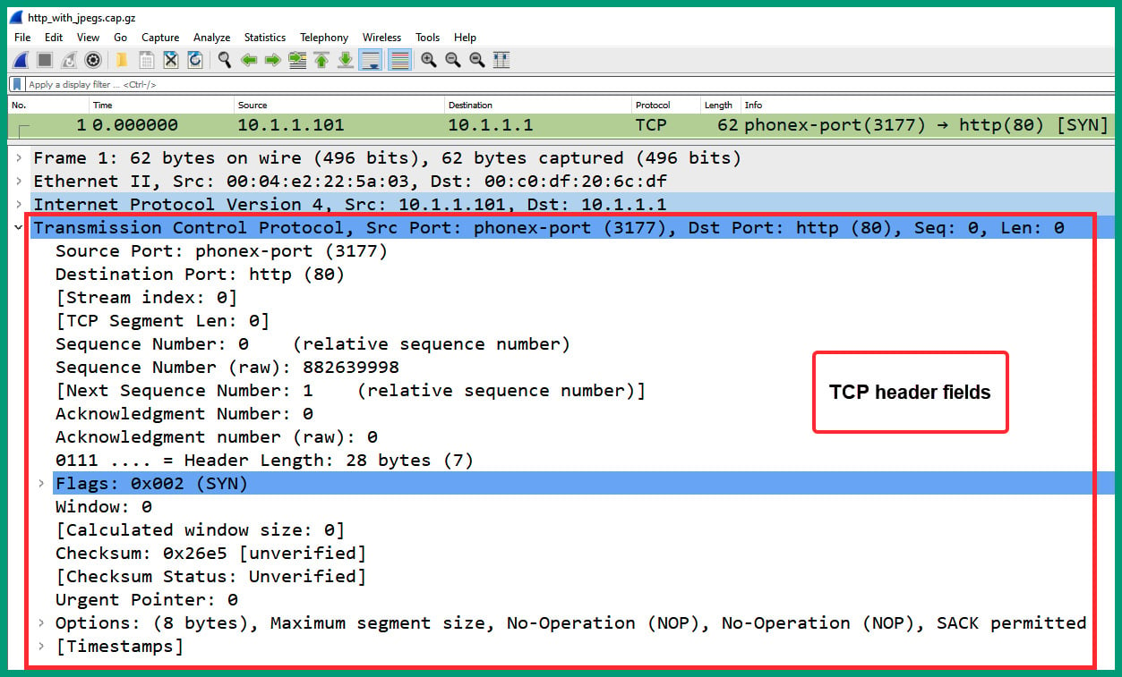 Figure 1.32 – Packet #1 TCP header
