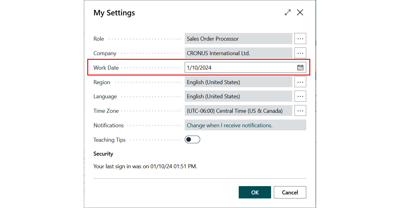 Figure 1.10 – Work Date on the My Settings screen