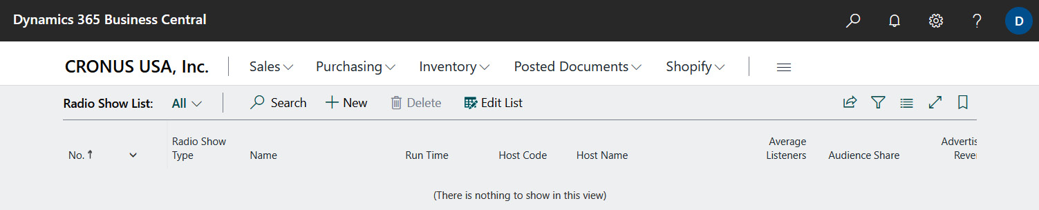 Figure 1.29 – The Radio Show list page in the Business Central client. Text readability is not a requirement here; the intent is to show the empty Radio Show list