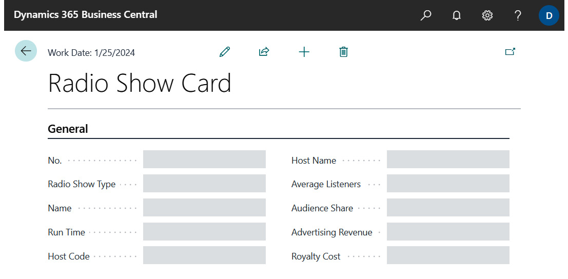 Figure 1.31 – The Radio Show card page in the Busin﻿ess Central client