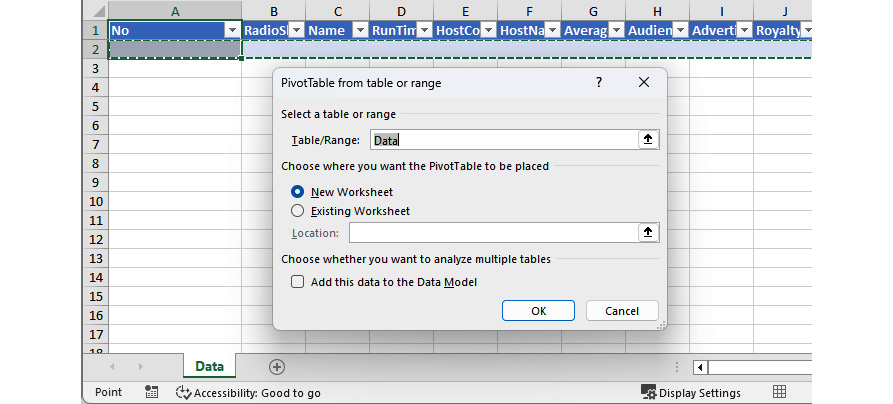  Figure 1.44 – Adding a PivotTable in Excel