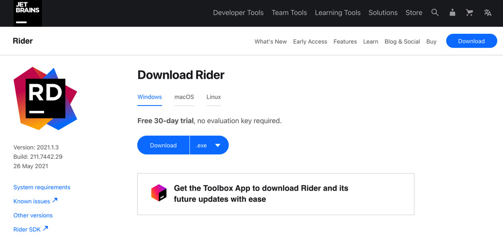 Figure 1.1 – JetBrains Rider download page