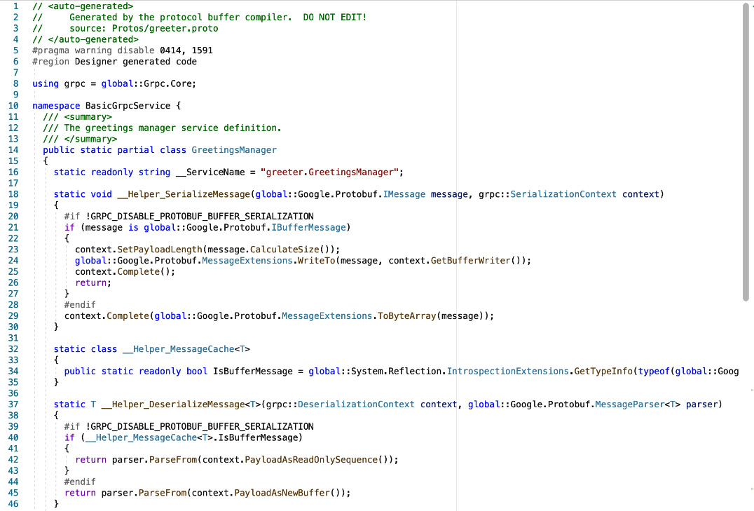 Figure 1.11 – An example of auto-generated gRPC C# code
