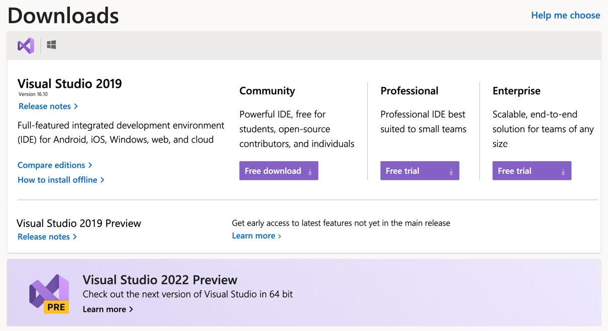 Figure 1.2 – Microsoft Visual Studio download page
