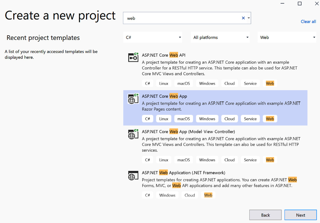 Figure 1.4 – Web App project template in Visual Studio 2019