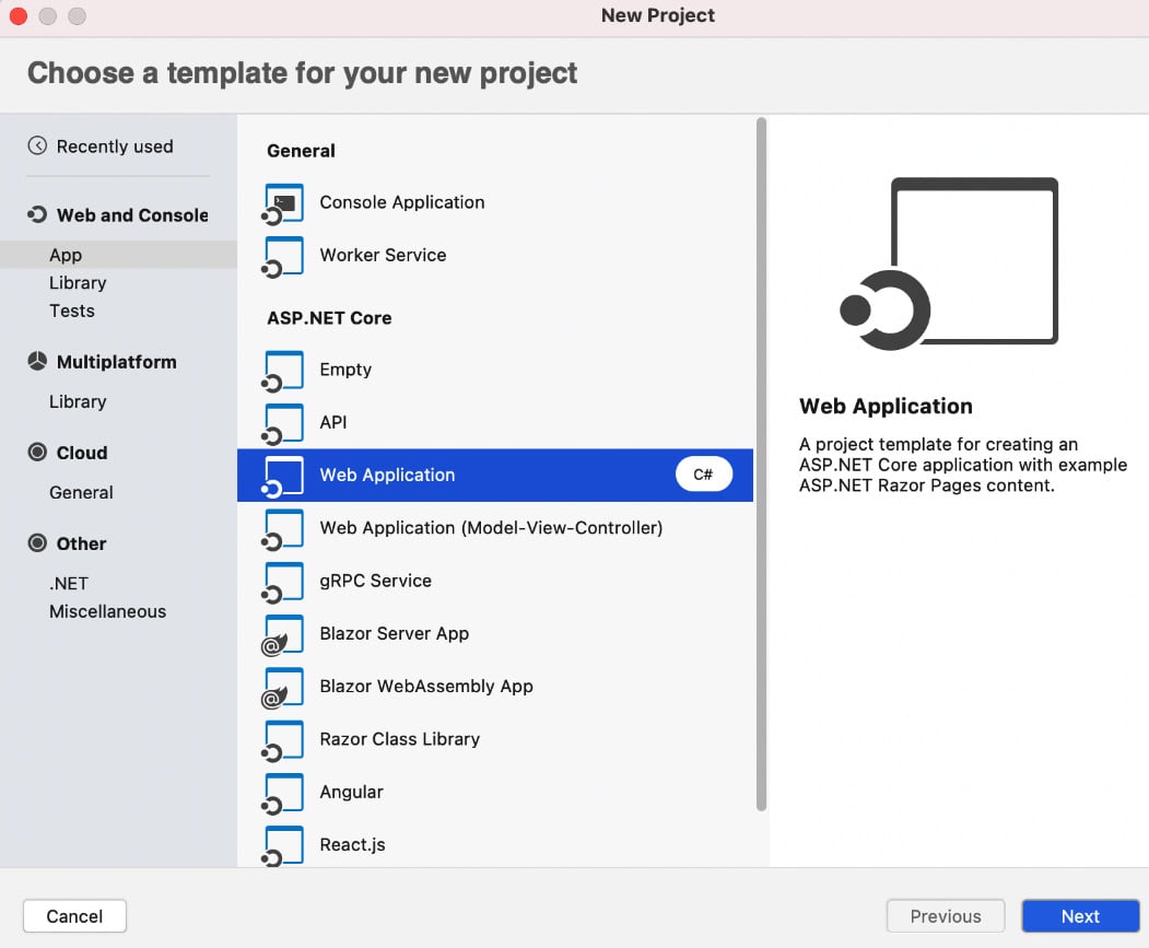 Figure 1.5 – Web Application template on Visual Studio for Mac