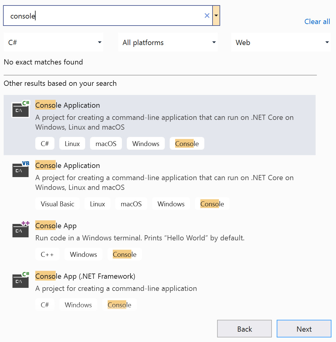 Figure 1.9 – Console Application template on Visual Studio 2019
