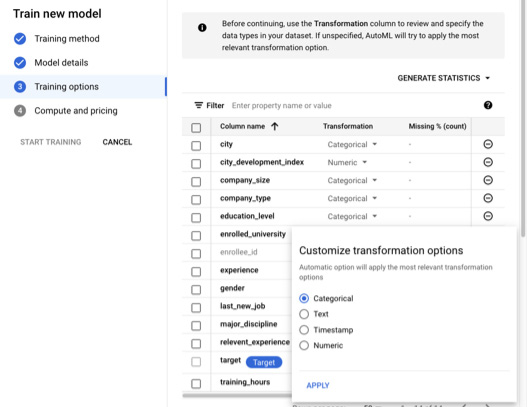 Figure 6.18 – AutoML configurations for tabular data – choosing the training parameters and transformations