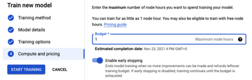 Figure 6.19 – AutoML configurations for tabular data – selecting a budget and early stopping