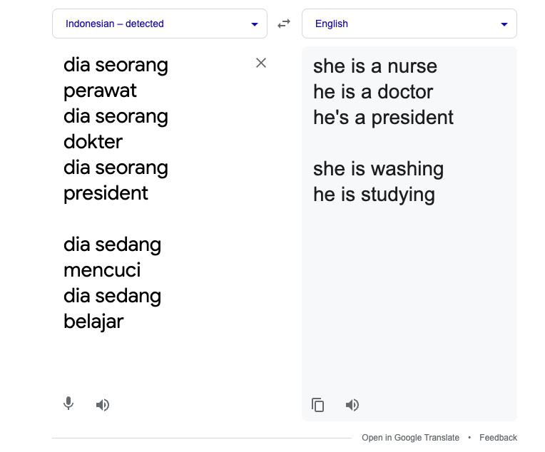 Figure 8.4 – Example of disparate treatment by Google’s translate algorithm (adopted from Fitria, 2021)