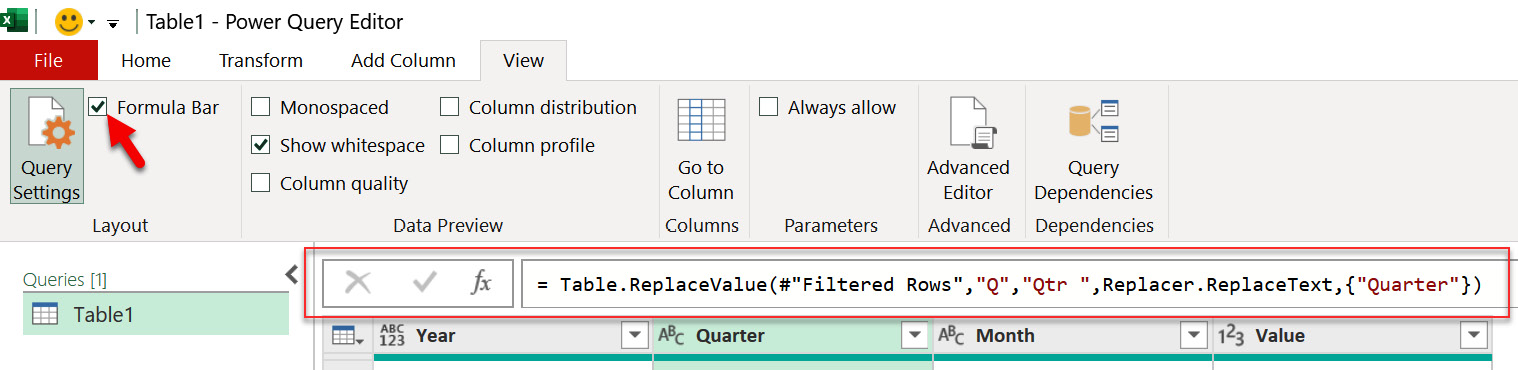 Figure 4.56 – Enabling the formula bar in Power Query