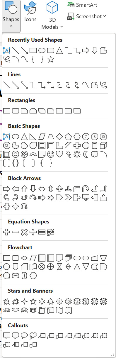 Figure 9.24 – Shape categories in Excel