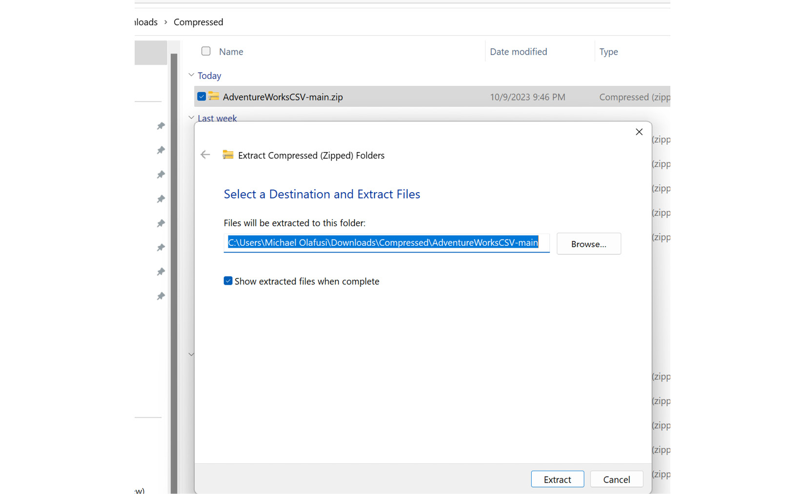 Figure 10.4 – Extracting the data files from the zipped folder