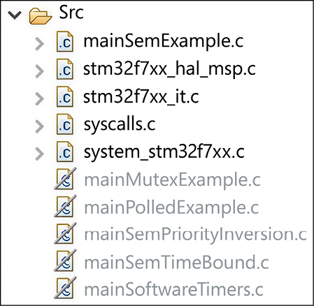 Figure 8.2 : The Project Explorer tags the files not in the active build-configuration