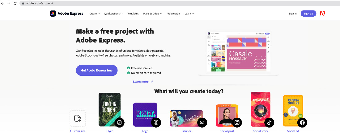 Figure 3.1 – ﻿Home page of Adobe Express on the browser