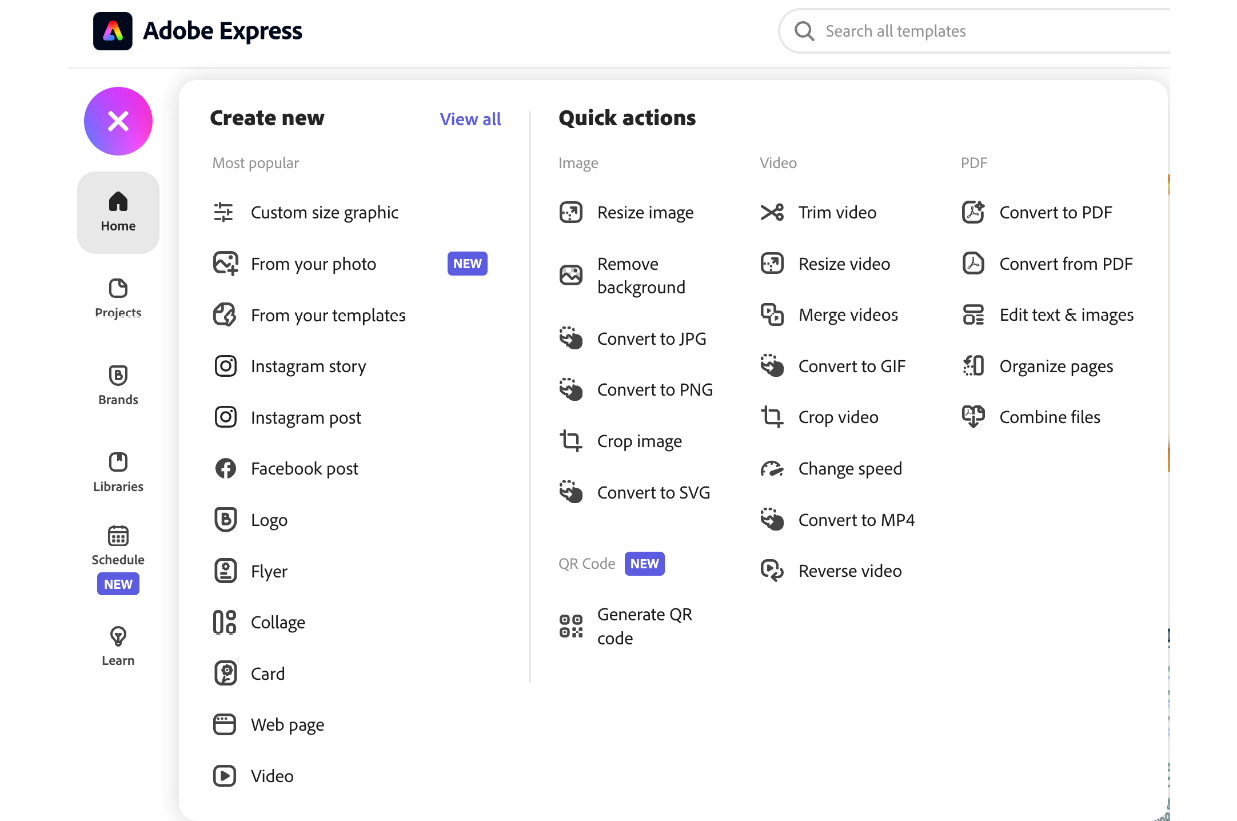 Figure 3.3 – The﻿Create new﻿ and﻿ Quick actions﻿ options in Adobe Express