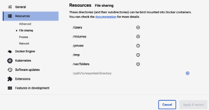 Figure 1.3 – The File sharing section of Docker Desktop