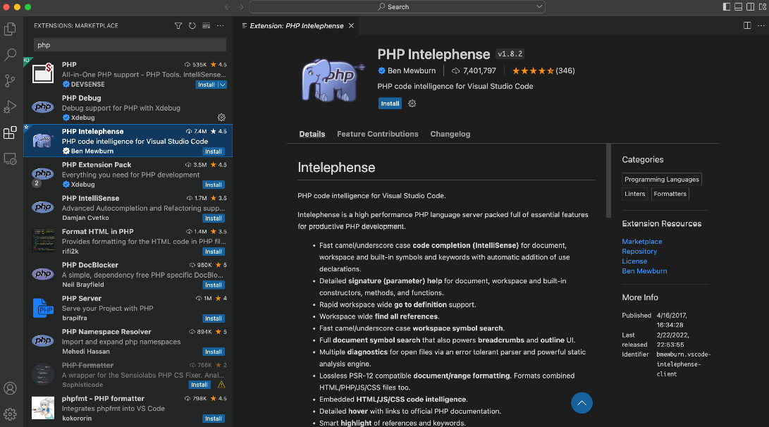 Figure 1.4 – PHP Intelephense is one of the most complete plugins ﻿for working on PHP with Visual Studio Code