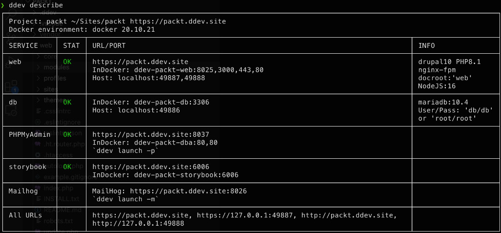 Figure 1.5 – Using ddev describe to list all ﻿the available services for a project