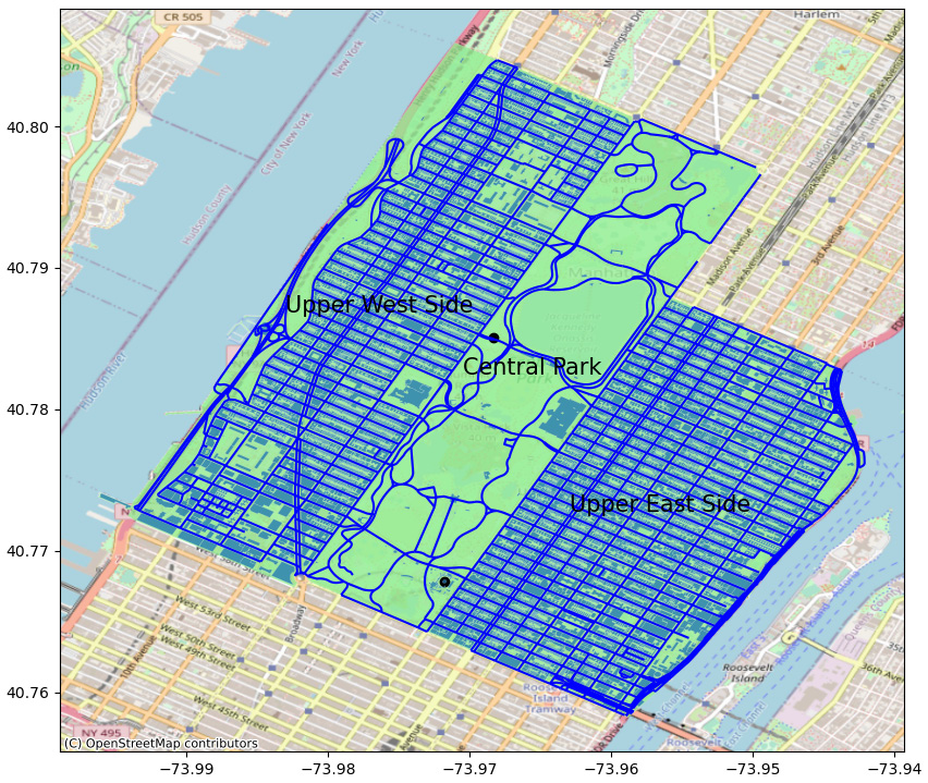 Figure 2.5 – Map of roads and buildings near Central Park with neighborhoods