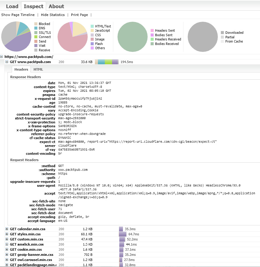 Figure 1.7 – A screenshot of the Packt home page HAR file generated through the automated Puppeteer script
