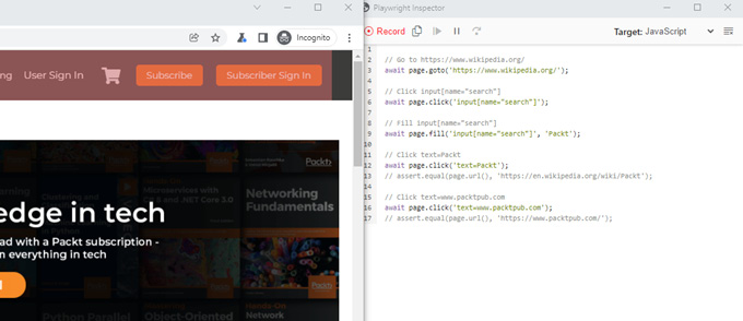 Figure 11.2 – Playwright Inspector tool running in parallel with the JavaScript test
