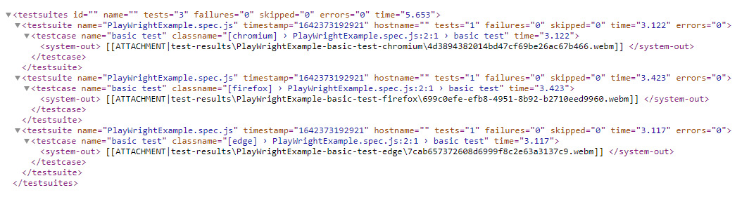 Figure 11.5 – Playwright test report output in a JUnit XML format
