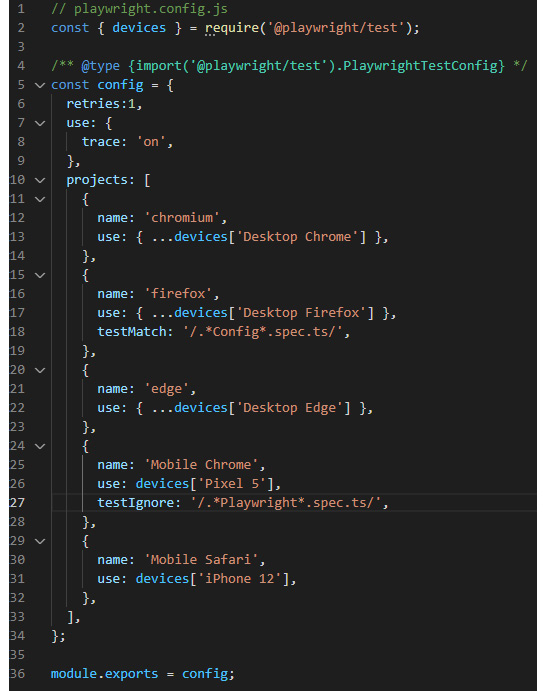 Figure 11.7 – Playwright advanced configuration using the testMatch and testIgnore options
