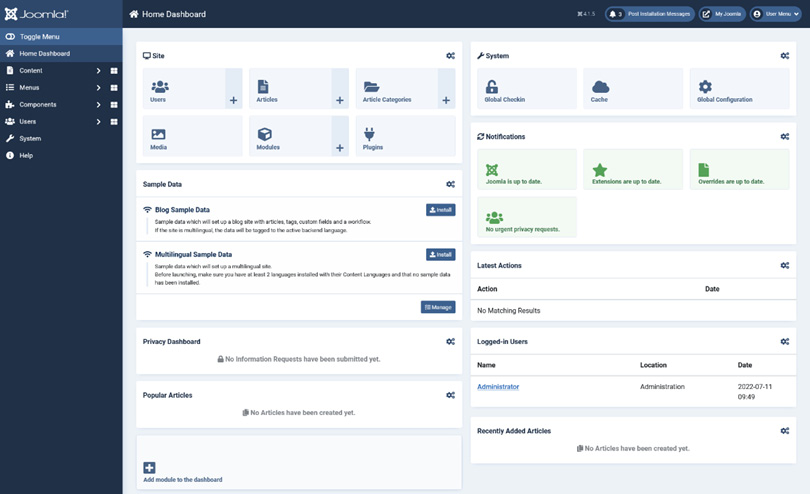 Figure 1.1 – The Joomla 4 dashboard