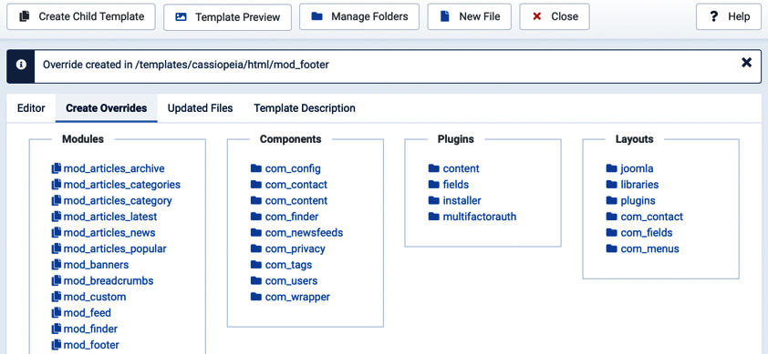 Figure 13.10 – Overrides | mod_footer override creation confirmation