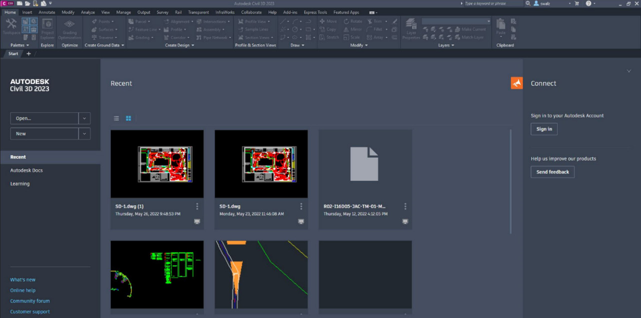 Figure 1.1 – User interface when Autodesk’s Civil 3D is launched
