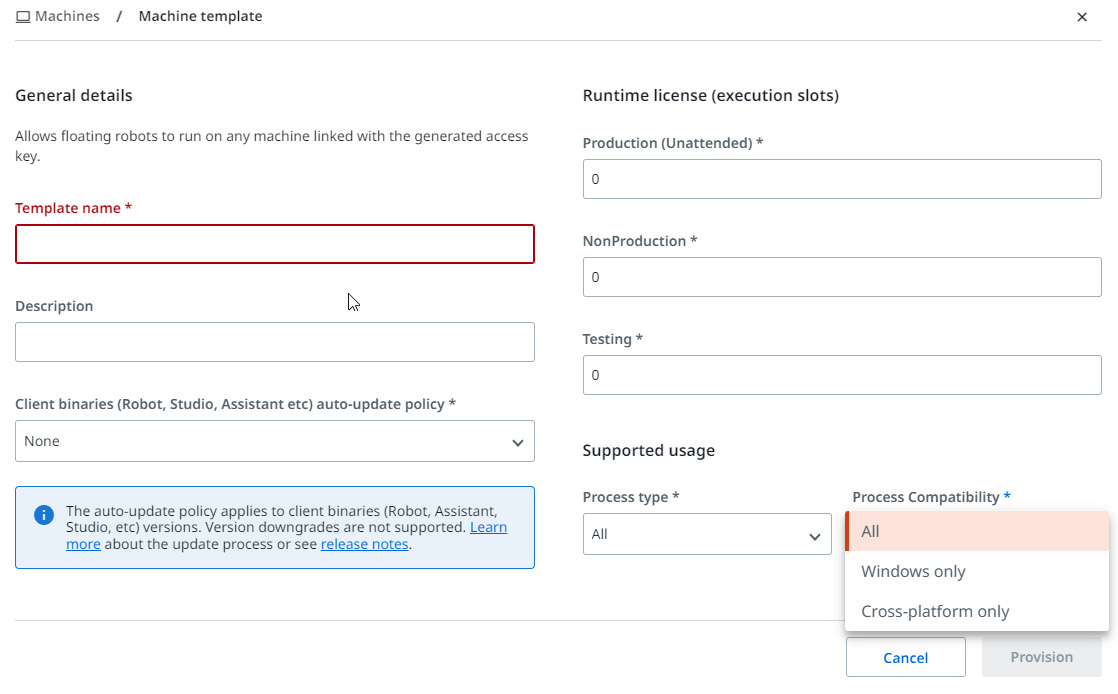 Figure 1.7 – Machine template options
