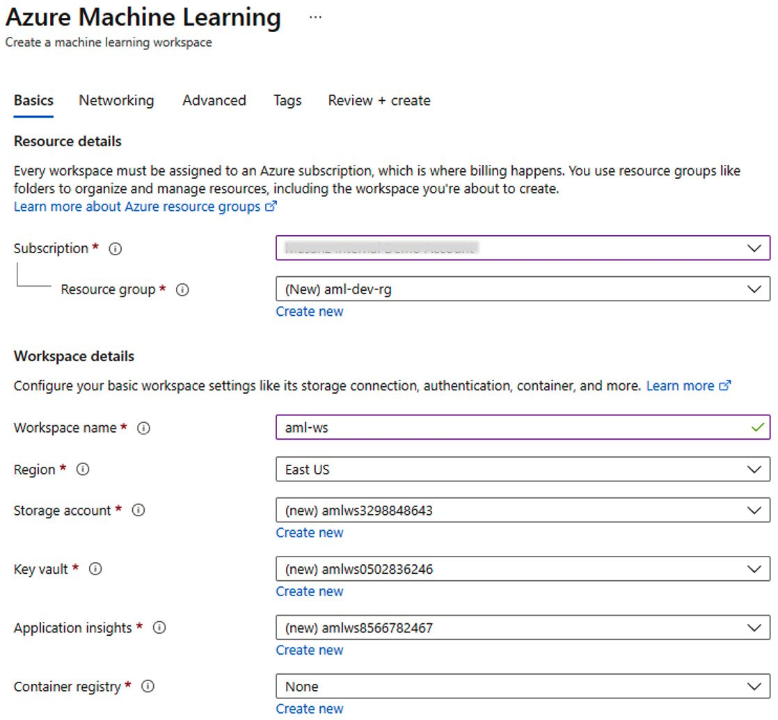 Figure 1.3 – Filling in the corresponding fields to create the ML workspace