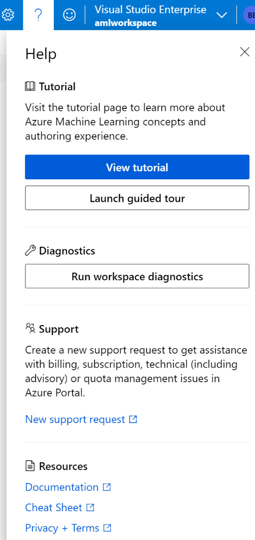 Figure 1.11 – Help for AMLS workspace support