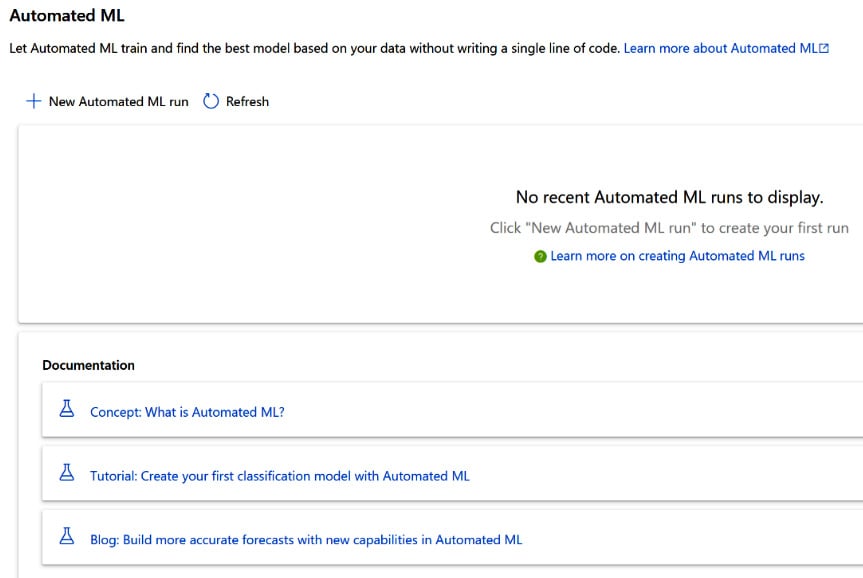 Figure 1.16 – Automated ML screen with options