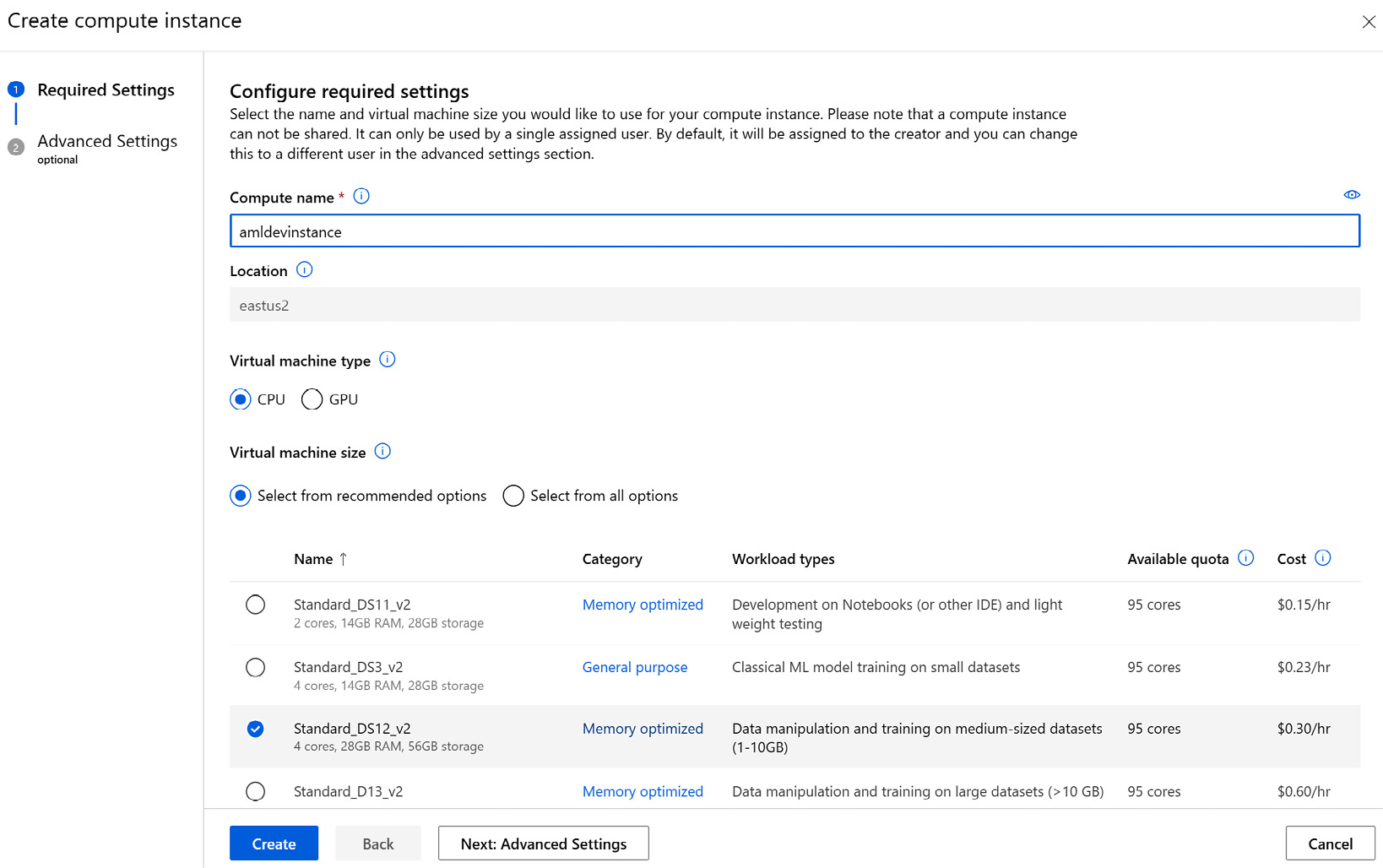 Figure 1.28 – Selecting the VM type and region