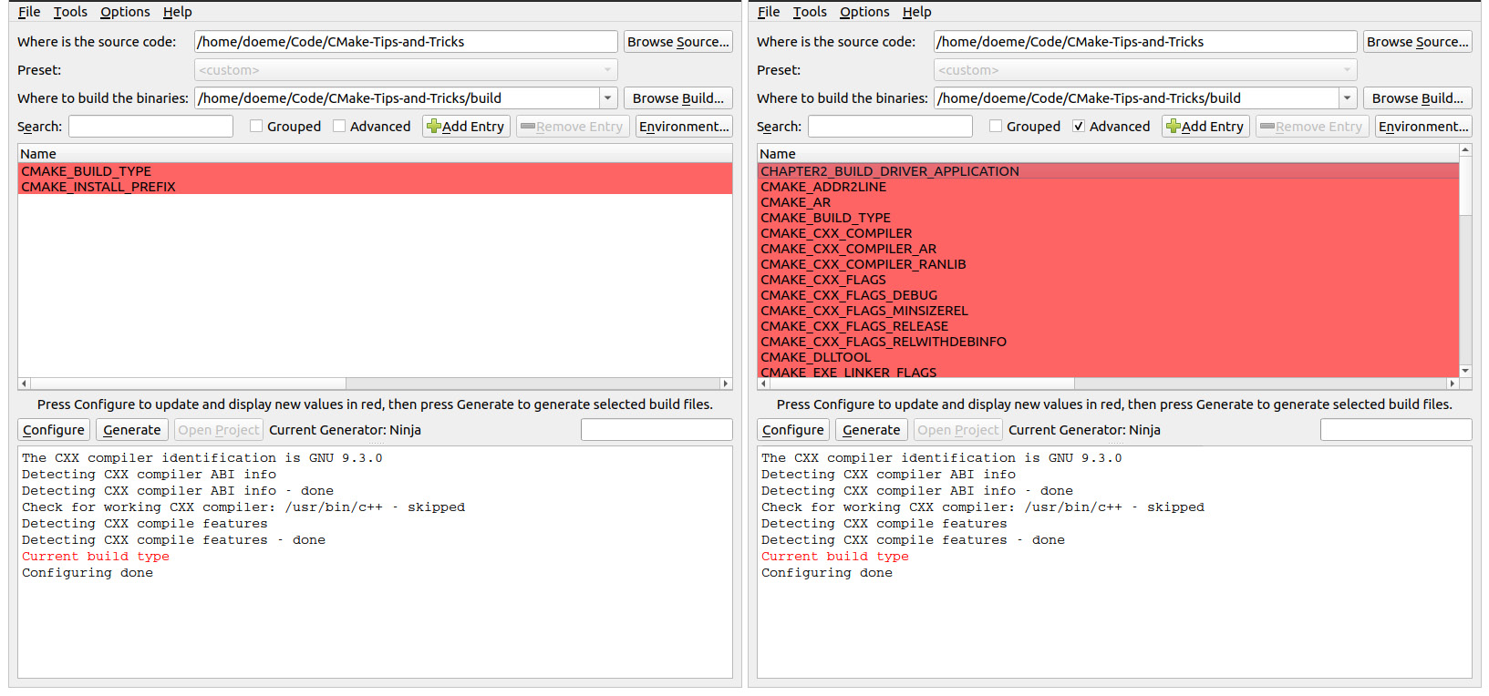 Figure 1.4 – Left – cmake-gui does not show variables marked as advanced. Right – Marking the "Advanced" checkbox displays all the variables marked as advanced
