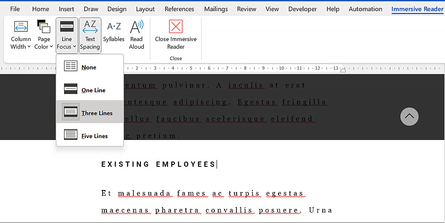 Figure 1.15 – The Line Focus option showing three lines of the document at a time
