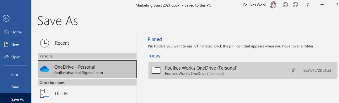 Figure 1.18 – The Save As options in Word 2021 showing the connection to OneDrive – Personal
