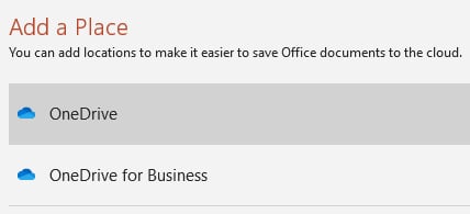 Figure 1.20 – Selecting OneDrive or OneDrive for Business as a document location
